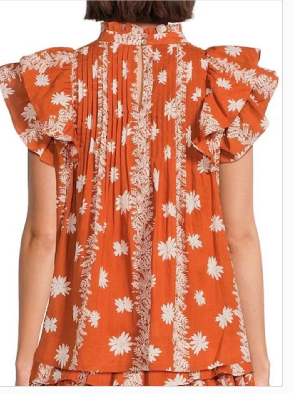 J. marie Xs Aubrey pleated top in burnt orange floral ruffled sleeves nwt - Picture 2 of 5